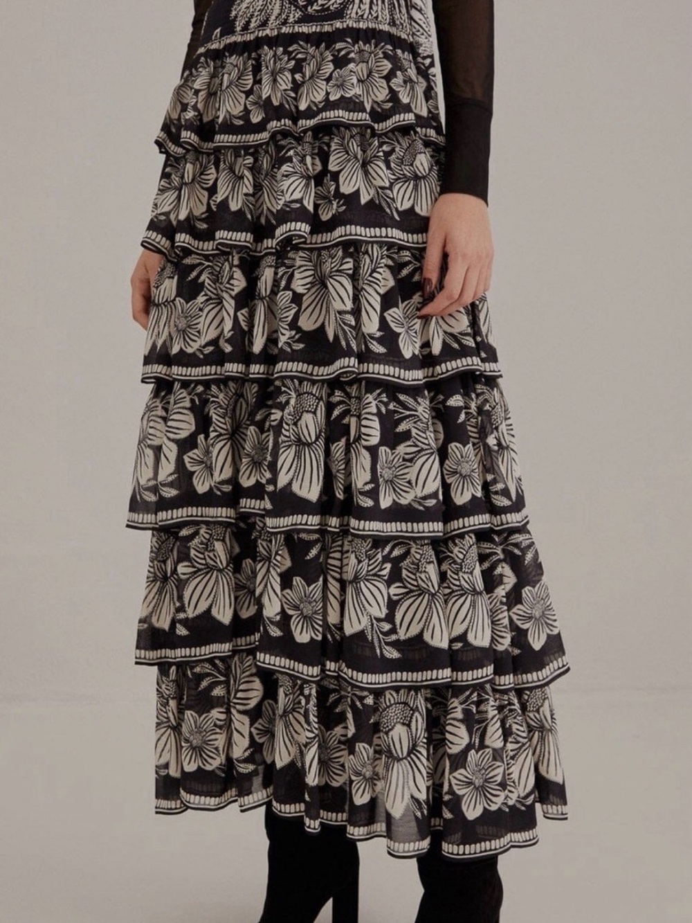 Farm Rio Black paisley bloom Tiered Black and White Floral Maxi Skirt
